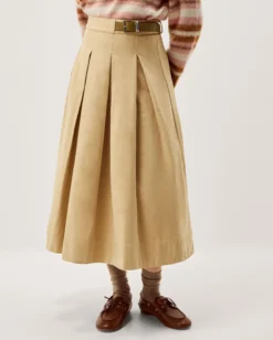 Poppy Buckle Pleated Midi Skirt Natural
