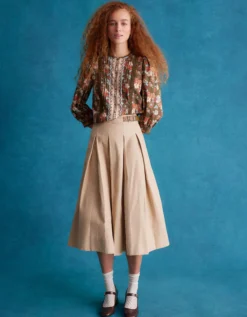 Poppy Buckle Pleated Midi Skirt Natural