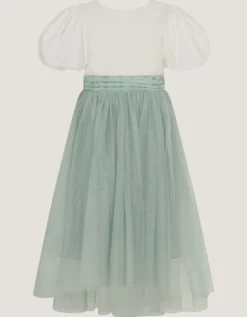 Puff Sleeve Satin Tulle Dress Green