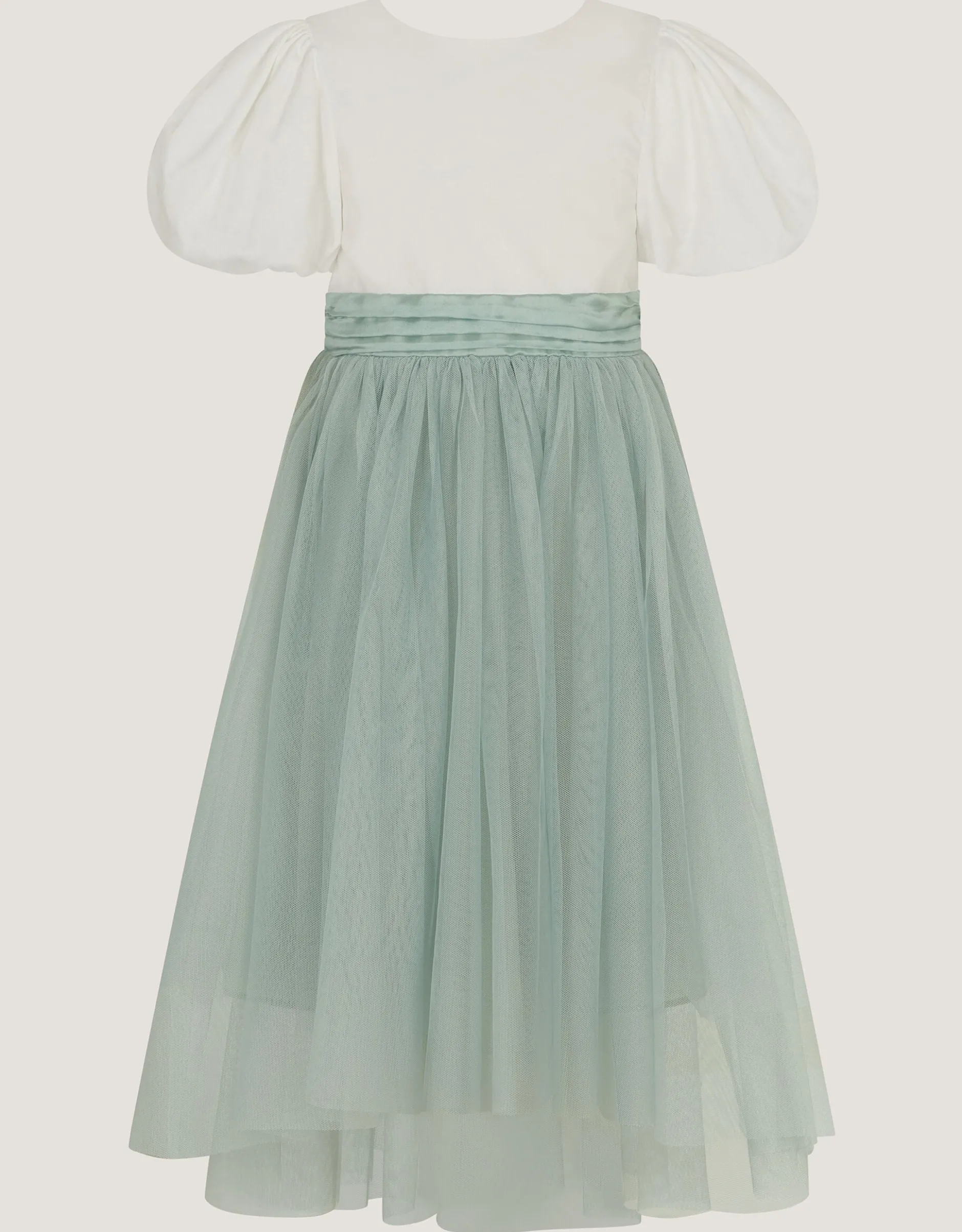 Puff Sleeve Satin Tulle Dress Green