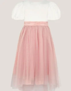 Puff Sleeve Satin Tulle Dress Pink