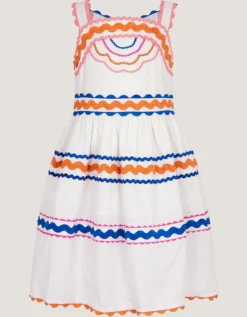 Ric Rac Embroidered Cotton Dress White