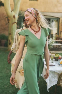 Riri V-Neck Frill Jumpsuit Green