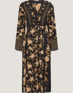Rosaleigh V-Neck Floral Midi Dress Black