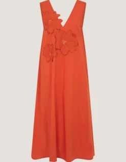 Rosalie Floral Appliqué Cotton Midi Dress Orange