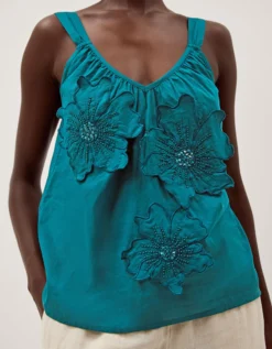 Rosalie Sleeveless Floral Embellished Top Teal