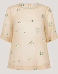 Sacha Short-Sleeve Embroidered Top Gold