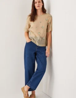 Sacha Short-Sleeve Embroidered Top Gold
