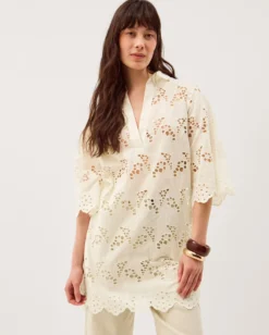 Selena Floral Embroidered Tunic Shirt Cream