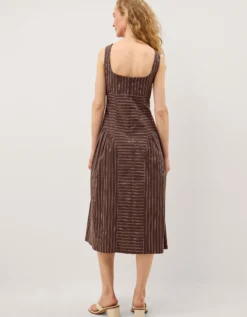 Selena Square Neck Stripe Midi Dress Brown