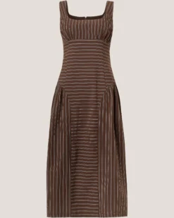 Selena Square Neck Stripe Midi Dress Brown