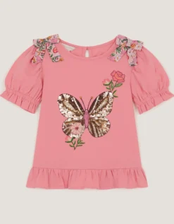 Sequin Butterfly Cotton T-Shirt Pink