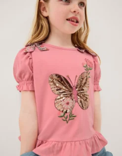 Sequin Butterfly Cotton T-Shirt Pink