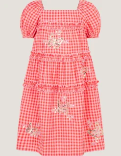 Sequin Butterfly Gingham Dress Pink
