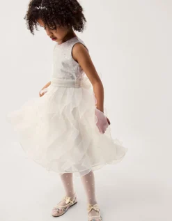Sequin Embellished Ruffle Party Dress White