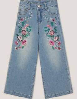 Sequin Floral Embroidered Wide Leg Jeans Blue