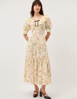 Sienna Frill Neck Floral Midi Dress Ivory
