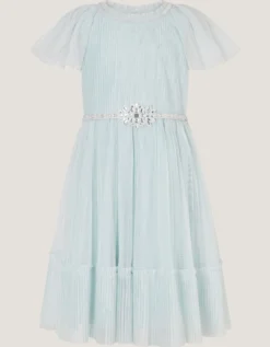 Sky Embellished Pleated Party Dress Green