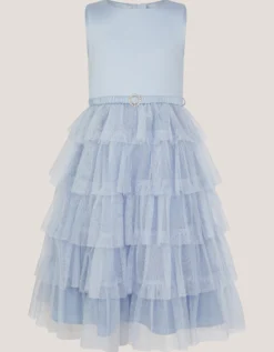 Sleeveless Belted Tulle Tier Dress Blue