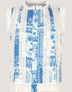 Soleil Print Lace Tank Top Blue