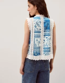 Soleil Print Lace Tank Top Blue