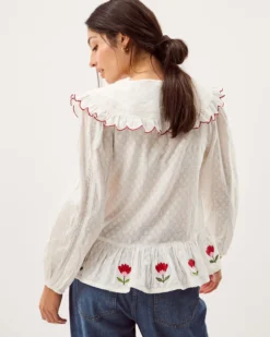 Talia Tulip Embroidered Scallop Collar Top White