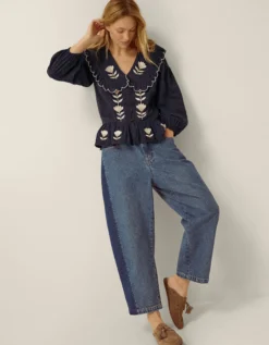 Talia Tulip Embroidered Scallop Collar Top Blue