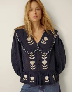 Talia Tulip Embroidered Scallop Collar Top Blue
