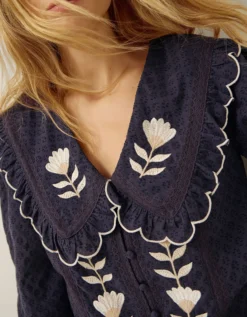 Talia Tulip Embroidered Scallop Collar Top Blue