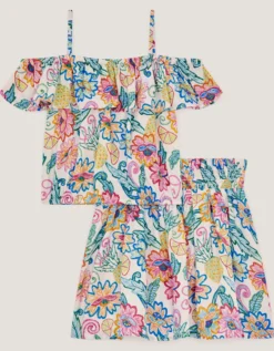 Tropical Floral Strappy Top & Skirt Set Ivory