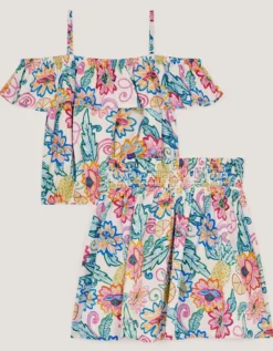 Tropical Floral Strappy Top & Skirt Set Ivory