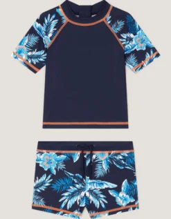 Tropical Print Rash Vest & Swim Shorts Blue
