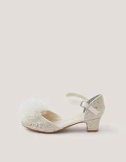 Tulle Pom Glitter Closed Toe Heels Silver