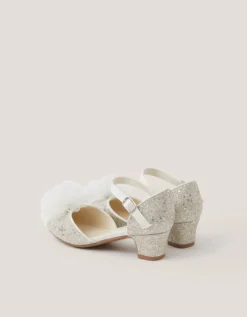Tulle Pom Glitter Closed Toe Heels Silver