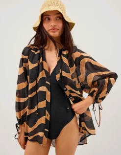 Zahara Abstract Stripe Print Blouse Black