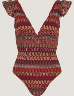 Zaria Plunge Knit Ruffle Swimsuit Red