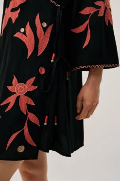 Zora Embroidered Mini Wrap Dress Black